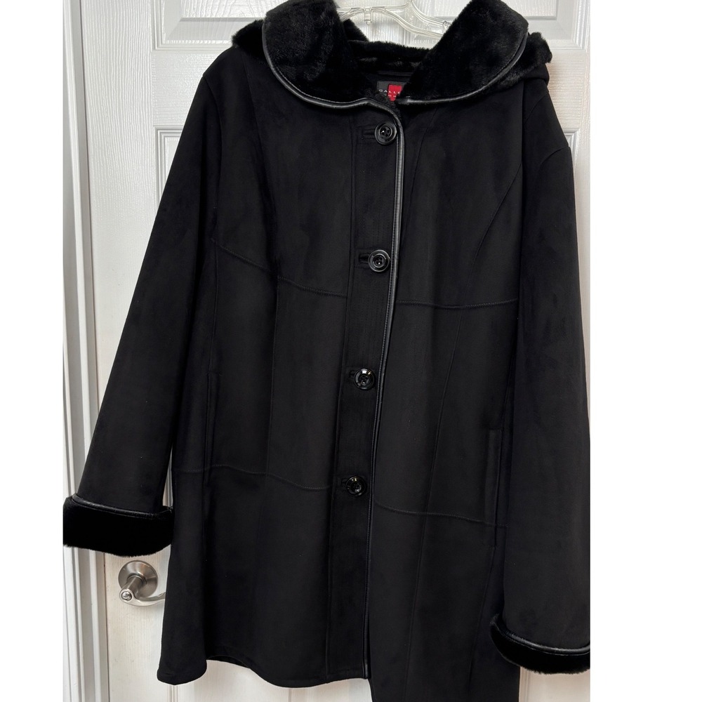 Gallery Woman Black Faux Shearling Hooded Coat Faux Suede Jacket Plus Size 2X
